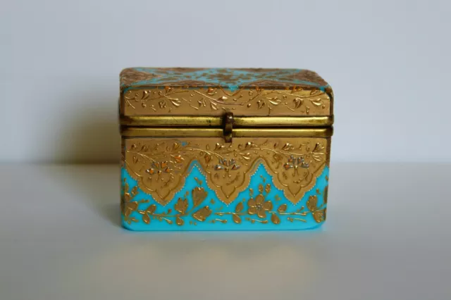 Rare Aqua & Gold  Opaline Glass Box 19Th Century