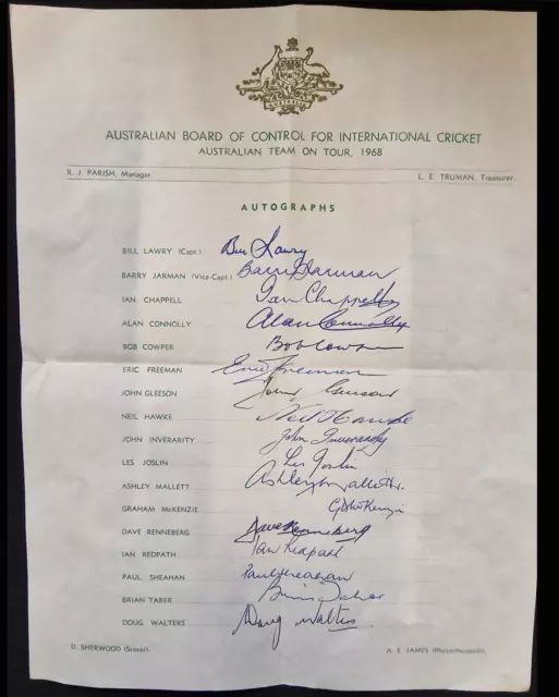Official 1968 Australian Ashes Tour Autograph Sheet Signed By All 17 Players