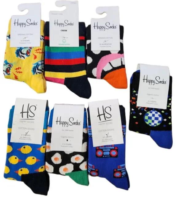 Happy Socks Boys' Organic Cotton Crew Soft Stretchy 7 Pairs Set Socks 2-3Y NEW