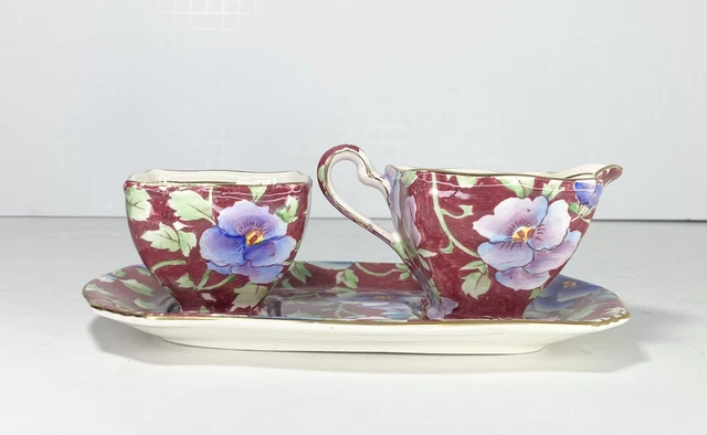 Royal Winton Grimwades Chintz Ascot JUNE FESTIVAL, Sugar Bowl Creamer w/Tray VTG