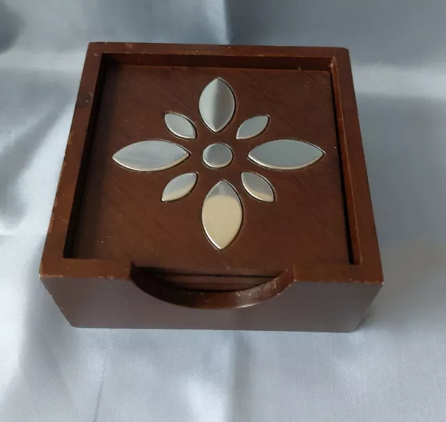 Wood & Metal Coaster Set (Dark Wood)Set of 6 plus Coaster Holder, VGC