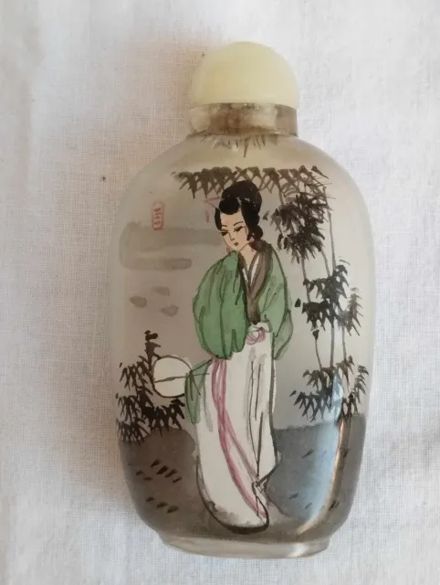 Antica Snuff Bottle Cinese Da Fiuto In Vetro Dipinta A Mano Tappo In Giada