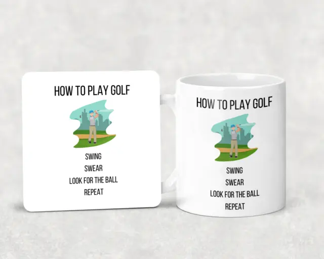 Wie man Golf spielt, schwingt, schwört, sucht - lustiger Becher und Untersetzer - Neuheit Geschenkset