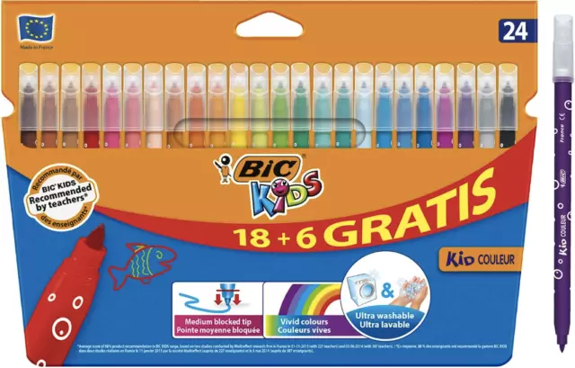 BIC Kids Kid Couleur - Feutres de Coloriage Ultra Lavables à Pointe Moyenne  - Couleurs Assorties, Etui Carton de 36
