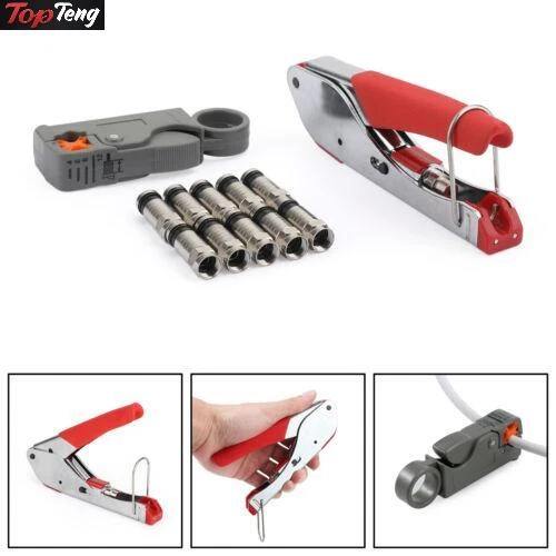 Compression Stripper Tool Coaxial F-Type Crimper + 10PCS RG6 Crimp Connectors SG