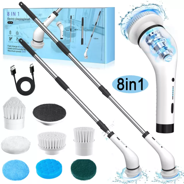 8in1 Rechargeable Electric Spin Scrubber Cleaning Brush Mop Cordless Long Handle