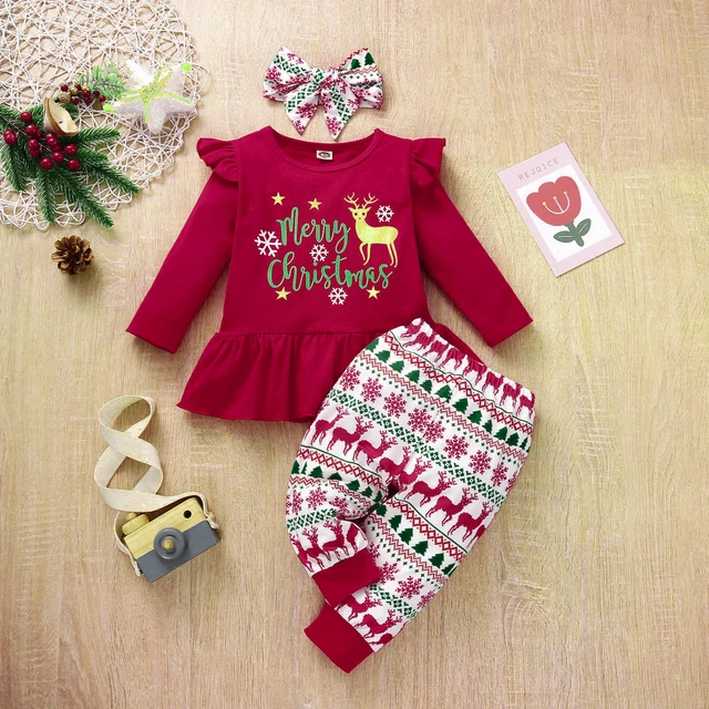 Kids Girls Christmas Outfit Long Sleeves Cartoon Elk Print Tops Pants Headband