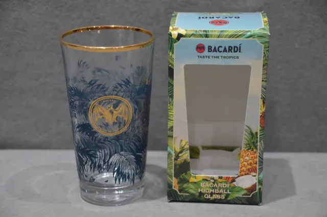 1x Bacardi Taste The Tropics Highball Glass Gold Bat Logo & Rim In Gift Box New