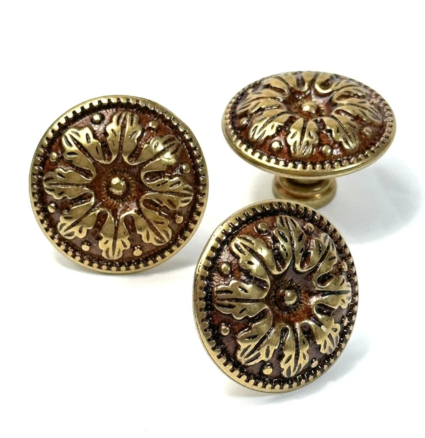 3 Raised Flower Motif Brass Brown Round Drawer Door Dresser Pulls Knobs 1.25"