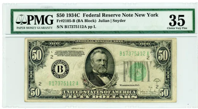 $50 1934C Federal Reserve Note New York  Fr#2105-B  B17375112A  PMG 35