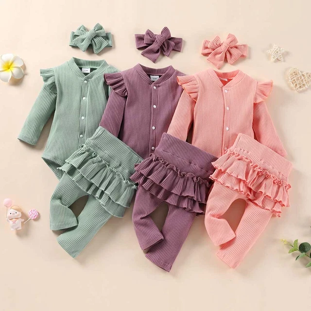 Abiti a costine solide per bambine neonate tuta pantaloni fascia abiti