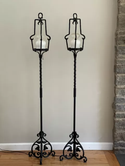 Antique French Tudor Wrought Iron Torchiere Lantern Floor Lamp Stand Pair 68”