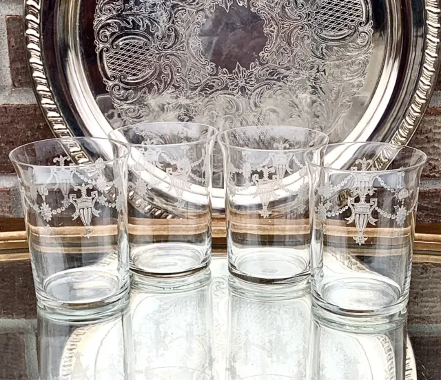 1920s Morgantown Richmond Clear Needle Etched Tumbler Juice Glasses 3.75” Set 4