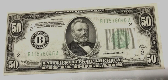👍1934 $50 dollar Federal Reserve Note. Bank of New York   Light Green Seal AU