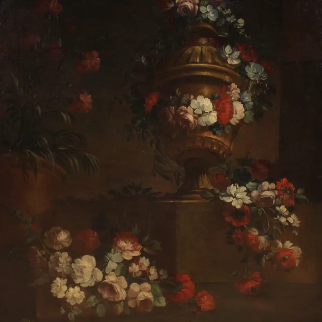 Ancienne nature morte vase fleurs tableau huile sur toile peinture 18ème siècle