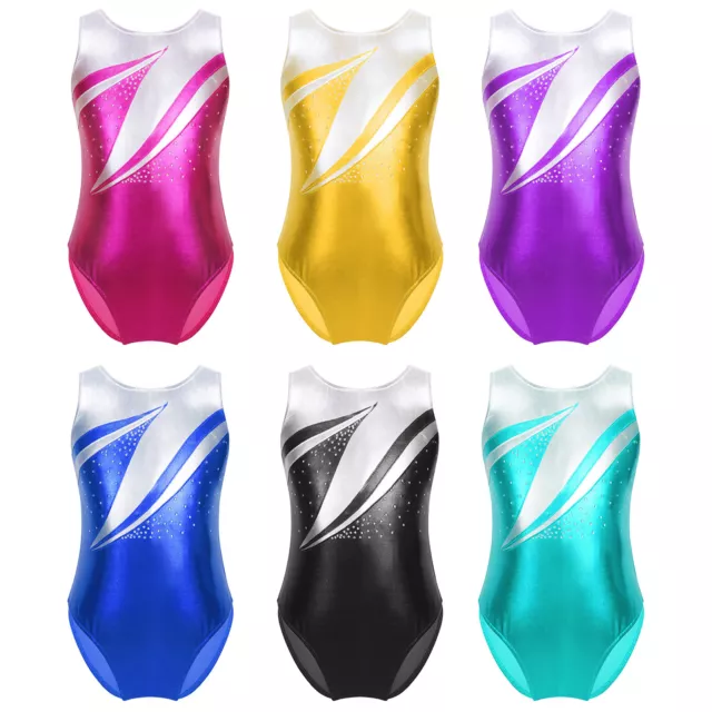 Kids Girls Gymnastics Dance Leotard Sleeveless Patchwork Style Bodysuit Jumpsuit