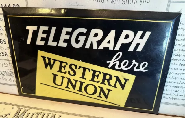 c1910 Antique Celluloid SIGN Vintage Western Union Telegraph Old WU Advertising