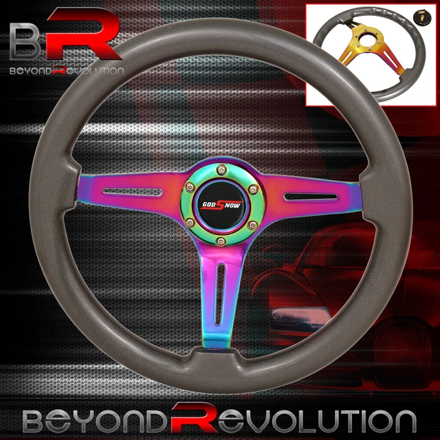 345mm Neo Chrome Gunmetal 6Bolt Steering Wheel Godsnow Horn Button Universal
