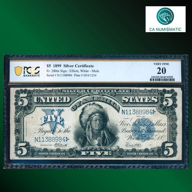 Fr.280m 1899 $5 Five Dollar Silver Certificate, INDIAN CHIEF, PCGS 20 Cmt, 88984