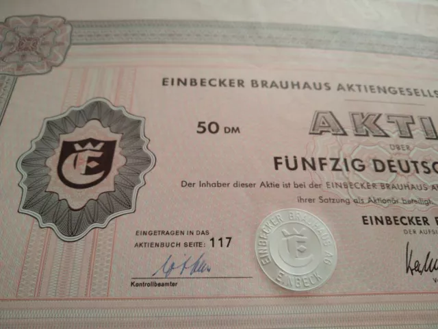 Einbecker Brauhaus AG Aktie 50 DM von 1972 der ältesten deutsch. Brauerei - RAR