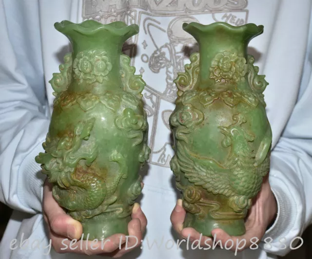 9.2" Old Chinese Green Jade Carved Fengshui Dragon Phoenix Bottle Vase Statue