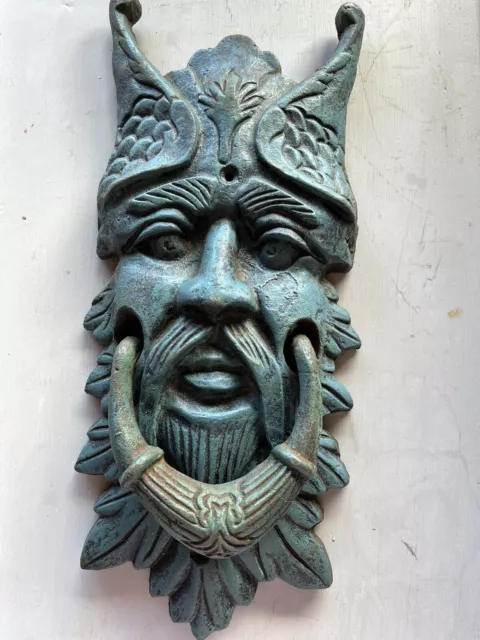 Celtic Viking Horned Mythical Man Face Door Knocker Cast Iron Green 20” 11lbs