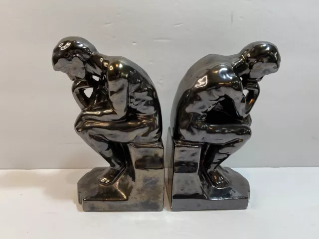 1970s' The Thinker Thinking Man Black Glaze Finish Ceramic Bookends