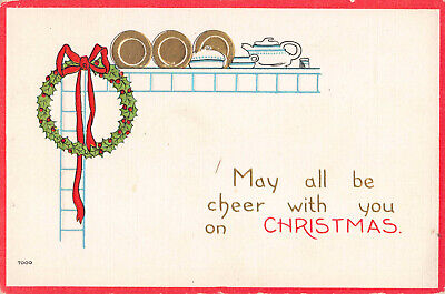 Postcard May All Be Cheer With You On Christmas Wreath Bow Ribbon Embossed DB