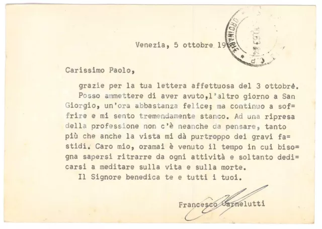 1963 ROMA Cartolina Francesco CARNELUTTI in ritiro dalla professione - AUTOGRAFO