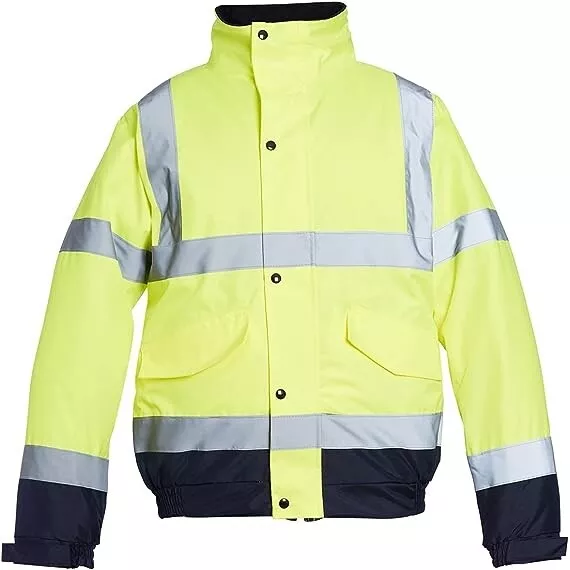 Hi-Vis Bomber Jacket Visibility Viz Yellow/Navy Waterproof Safety Wear Unisex