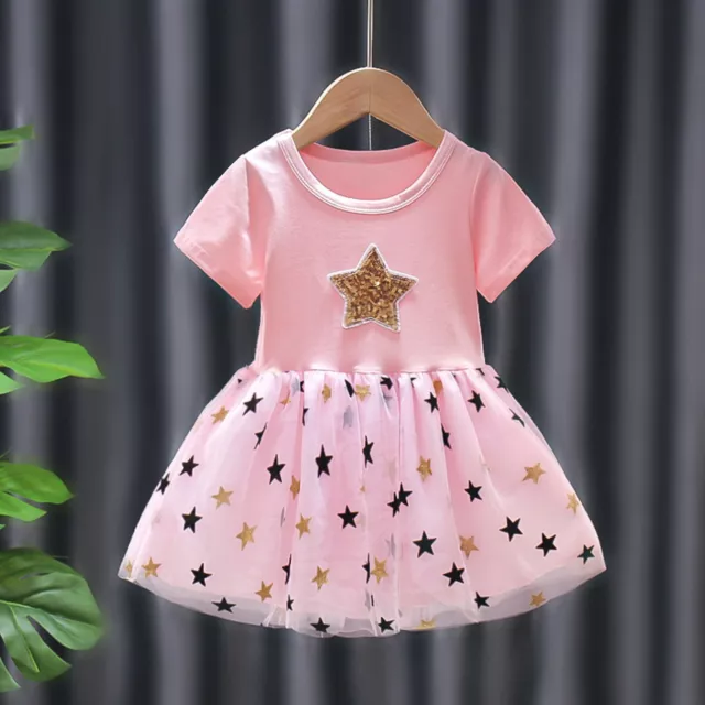 Summer Baby Kids Girls Casual Short Sleeve Stars Tulle TuTu Party Princess Dress