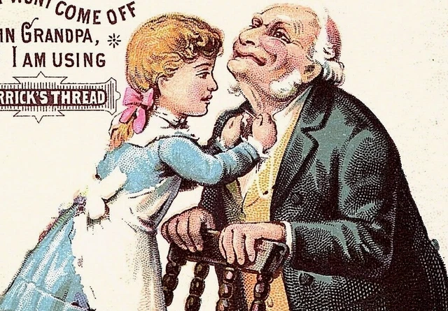 1880s Merrick's Thread Girl & Grandpa Victorian Card W H Wilkins Summitville IN