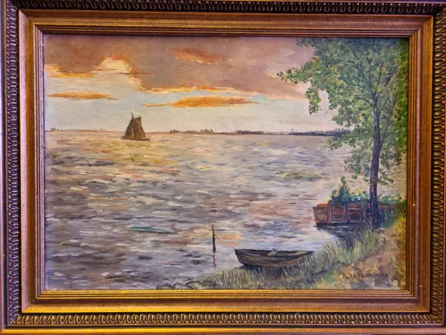 Antique French School Old RIVER VALLEY SAILBOAT LANDSCAPE Oil PAINTING 23 x 17.