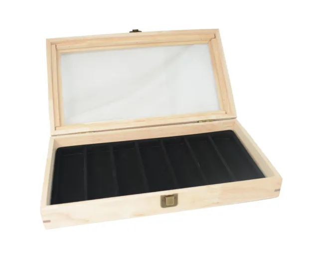 Natural Wooden Glass Lid Display Case With Choice Of Black Compartment Insert