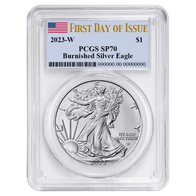 2023-W Burnished $1 American Silver Eagle PCGS SP70 FDOI Flag Label