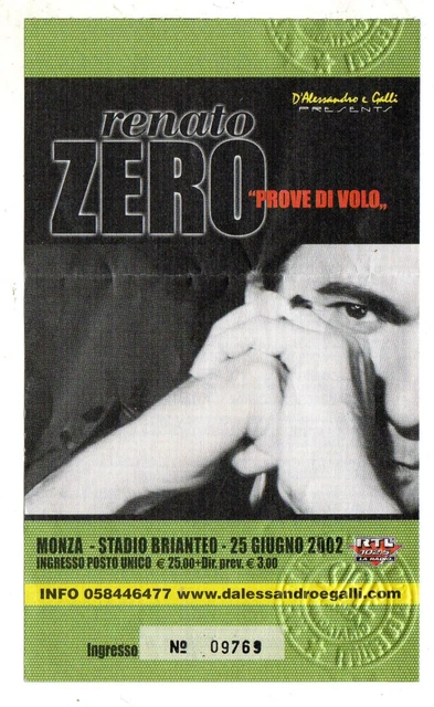 BIGLIETTO   ticket    RENATO  ZERO   PROVE  DI  VOLO  MONZA  STADIO  25-6-2002