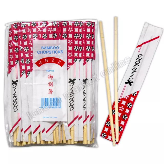 40 Pairs Chinese Chopsticks Wooden Bamboo Individually Wrapped Traditional Wood