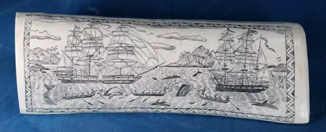 The Whaler Indian Off Tahiti Resin Scrimshaw Reproduction Whalebone 8"
