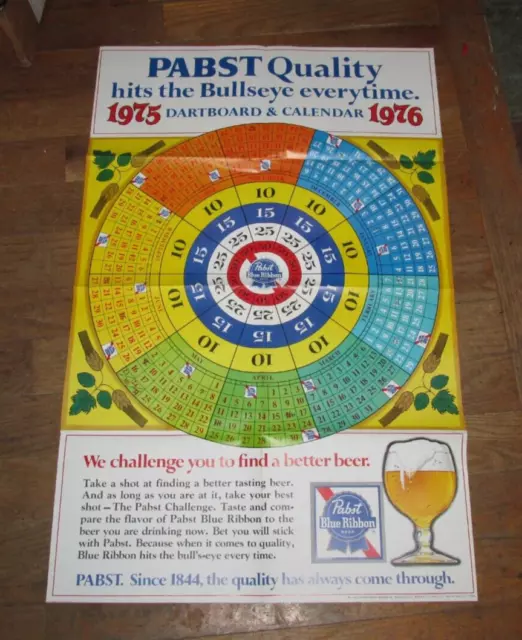 1975 1976 Pabst Blue Ribbon Beer Calendar,Dartboard Orig Poster, MINT