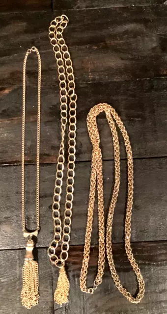 Lot of 3 Vintage Gold Tone tassel statement Fashion Necklaces   B