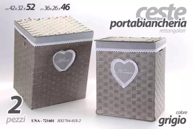 Set 2 Ceste Porta Biancheria Rettangolari Grigio Decoro Cuore Una-721601