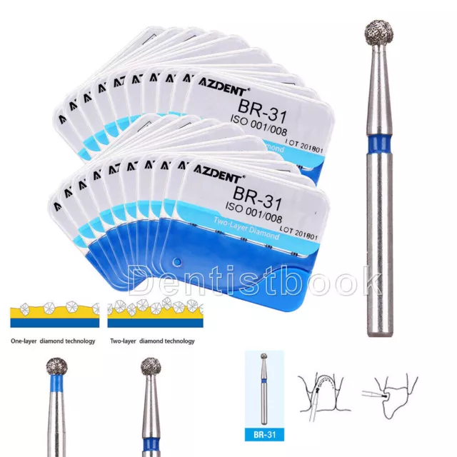 AZDENT Dental Diamond FG Bur Ball Round Two Layer BR-31 For High Speed Handpiece