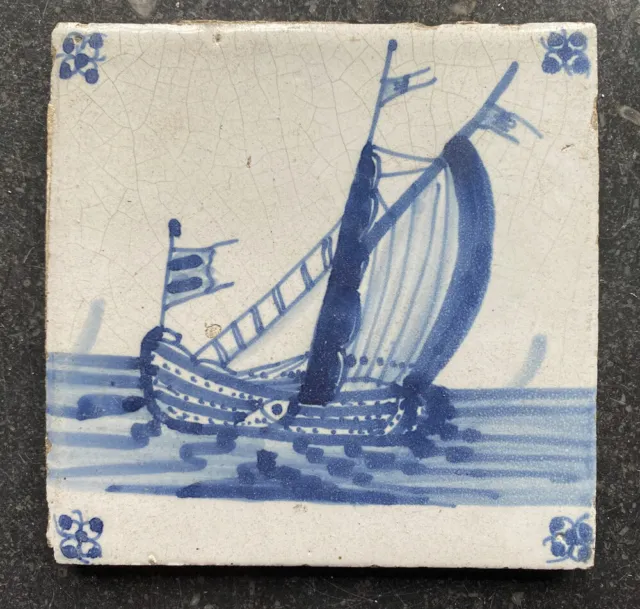 Antique Dutch Delft Tile Sailing Ship 18th C.