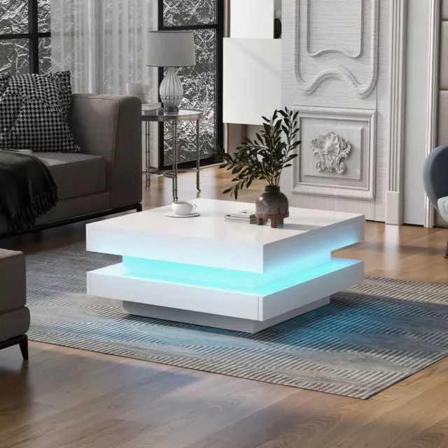 2-Tier LED Coffee Table with Lights Center Cocktail Table Living Room High Gloss