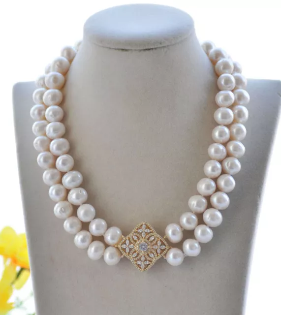 2 Rows 13-15mm Round White Freshwater Pearl Necklace CZ Button