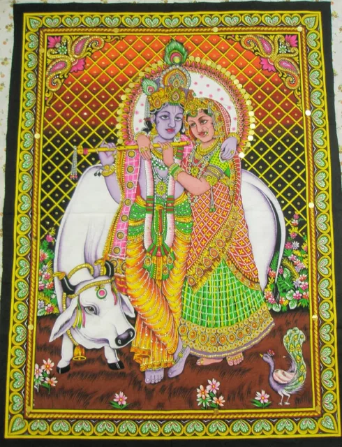Hindu God Lord Krishna Radha Tapestry Ethnic Sequin Wall Hanging Home Decoration