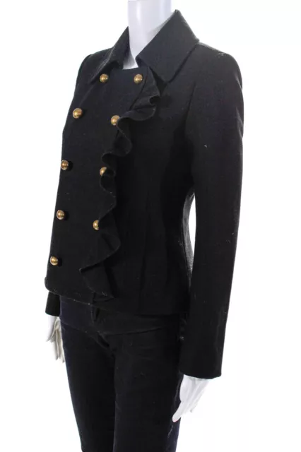 DKNY Womens Black Wool Double Breasted Ruffle Long Sleeve Coat Size 2 2