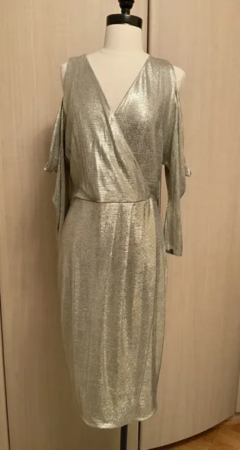 NWOT Women's Rachel Rachel Roy Knee Length Cold Shoulder Gold Metallic Dress L