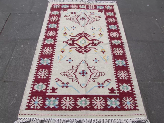 Old Traditional Hand Made Oriental Indian Kilim Cream white Wool Kilim 189x121cm