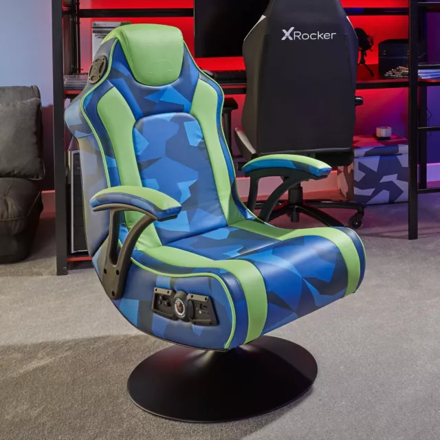 X ROCKER Geo Camo 2.1 Audio Gaming Chair Wireless Bluetooth Audio Vibration BLUE